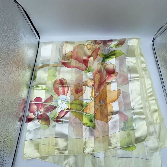 Silk Square Scarf Women 37 x 37 Inches Shawl Wrap floral Yellow - Picture 5 of 11